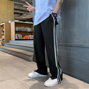 204-K39-P45街头潮流百搭 黑白织带拉链开叉垂感宽松运动休闲裤男图片