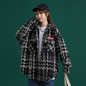 204-JK49-P75 中性 蓝墙韩版潮流女粗格纹小香风衬衫宽松薄款外套图片