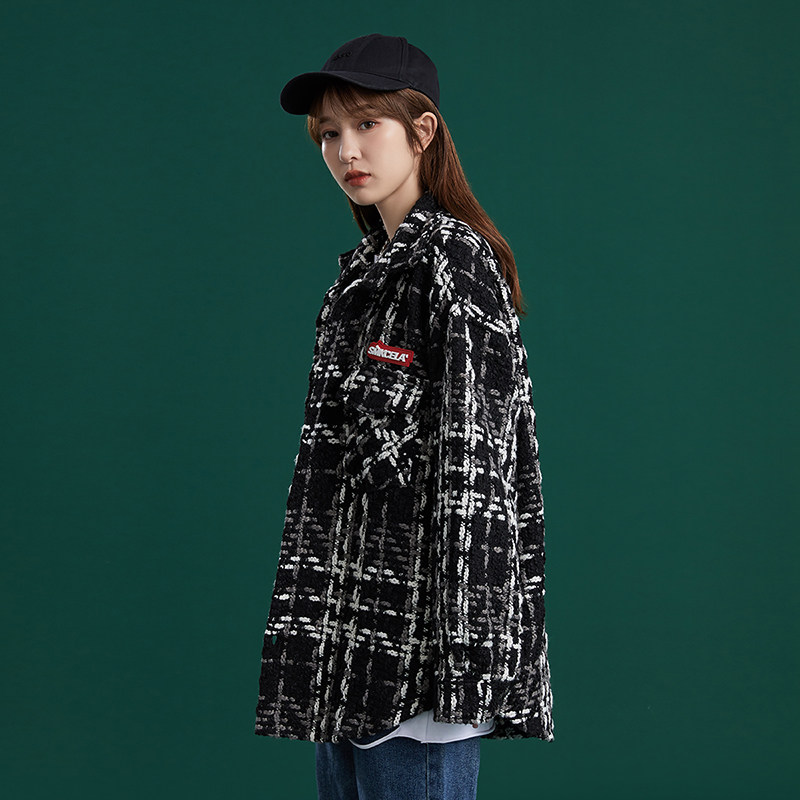 204-JK49-P75中性蓝墙韩版潮流女粗格纹小香风衬衫宽松薄款外套,女装短外套,星座204