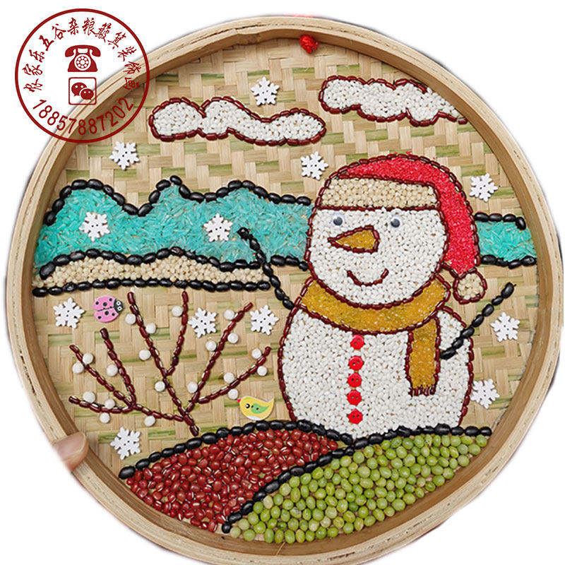 五谷杂粮豆子贴画竹扁画冬景雪人儿童手工材料包粮食豆豆画半成品