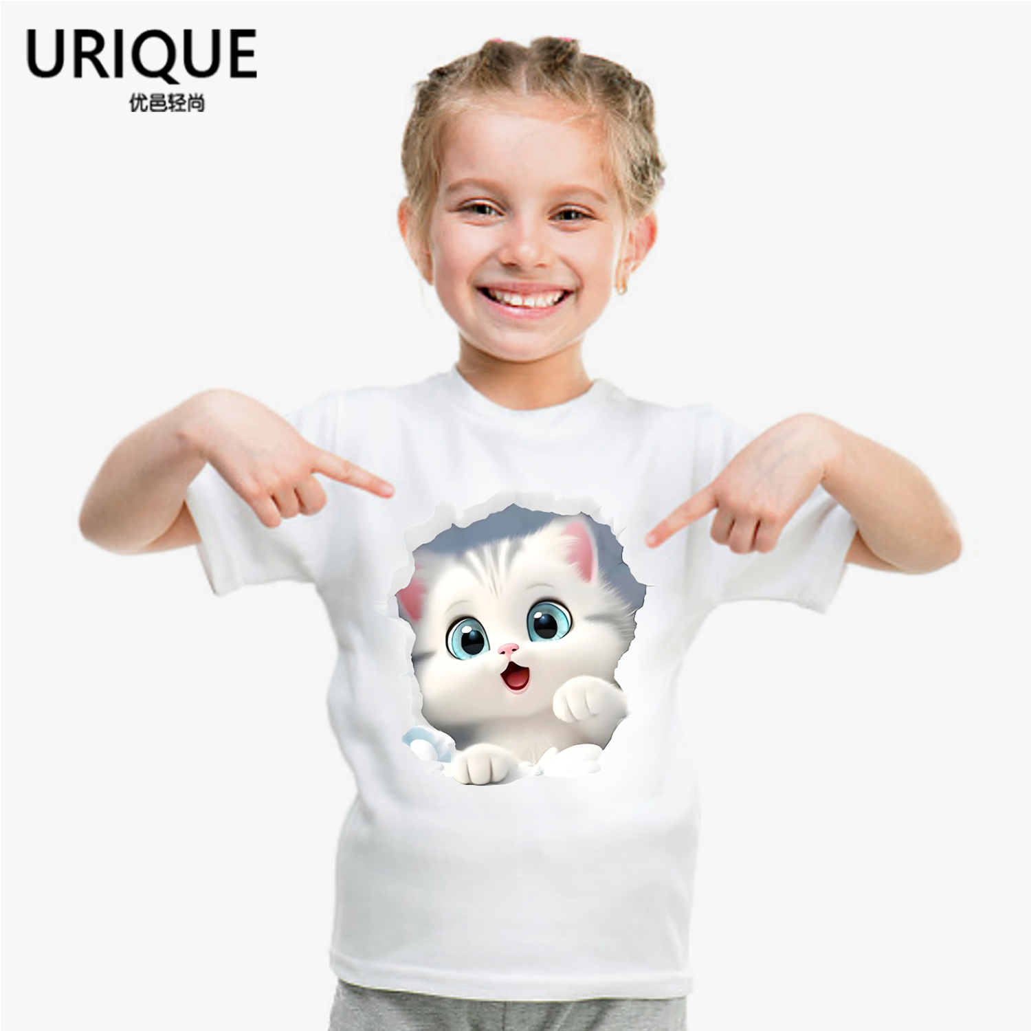 3D立体逼真萌趣猫咪图案儿童T恤