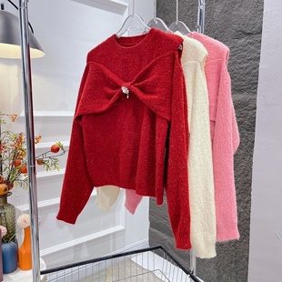 圣诞红色毛衣女亮闪闪前后蝴蝶结设计感漏肩小个子减龄甜美针织衫
