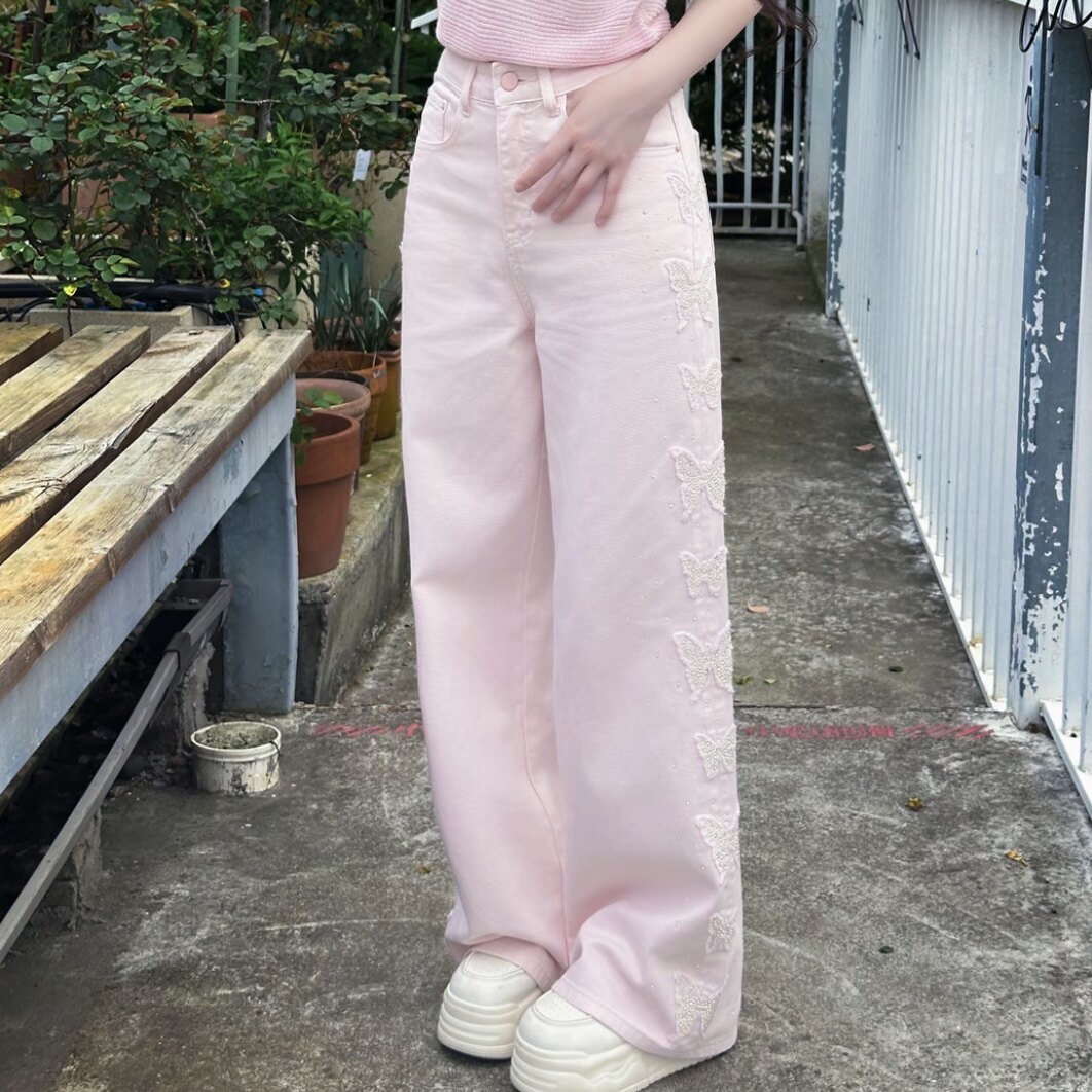 蝴蝶烫钻粉色牛仔裤女高腰糖果色天蓝阔腿直筒裤网红正品