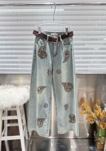 金丝御裳2025秋冬新款复古带腰带咖色腰果花刺绣钉珠直筒牛仔裤女