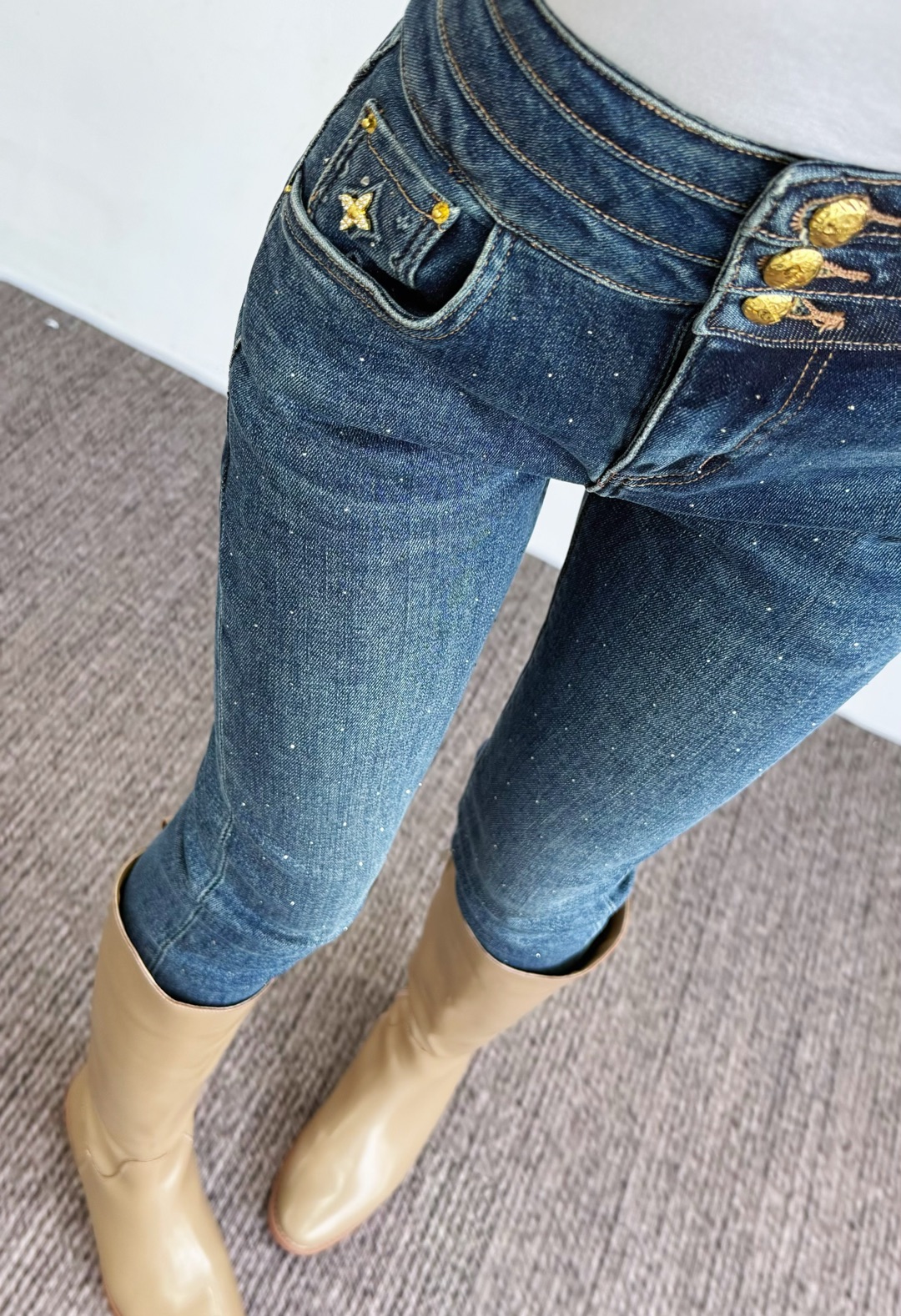 2025秋新款重工烫钻高腰紧身牛仔裤女弹力显瘦九分小脚铅笔裤子