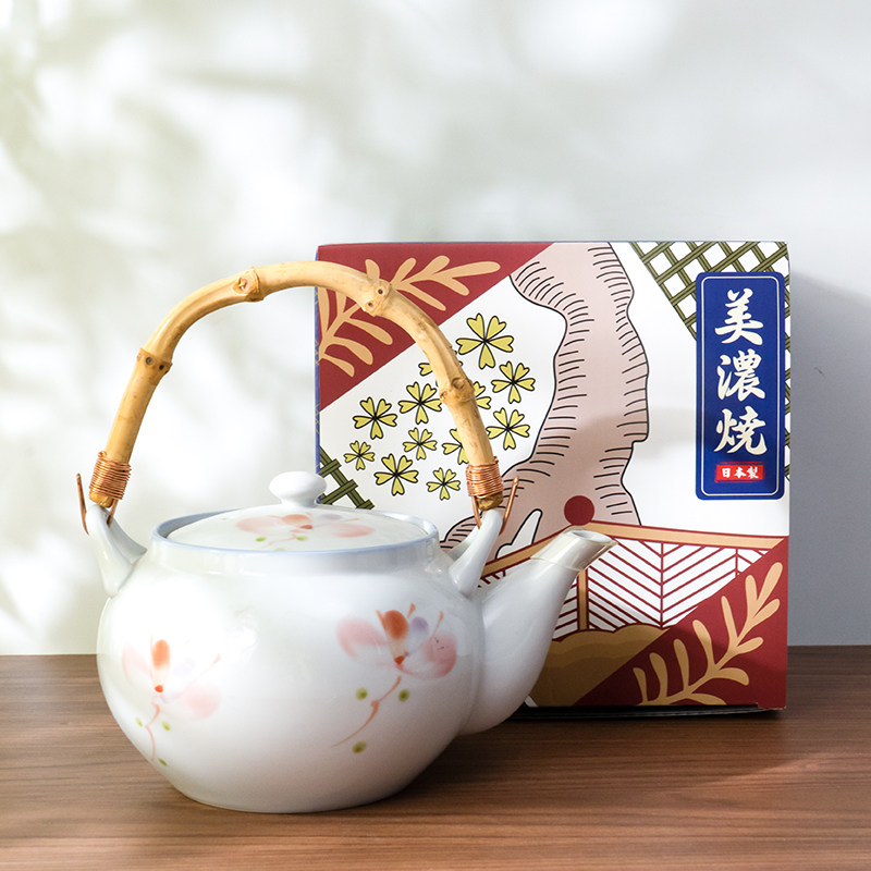 日式手绘花卉陶瓷提梁壶家用竹柄茶壶新中式风茶具