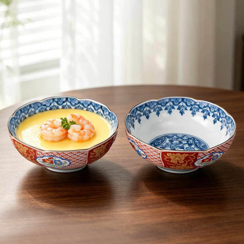 美浓烧日本进口陶瓷餐具复古古伊万里风花口碗2件套染锦桔梗