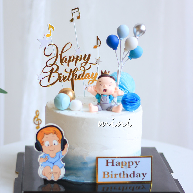 周岁生日蛋糕装饰软陶宝宝木制扣子插牌旋转木马1岁皇冠纱球插件