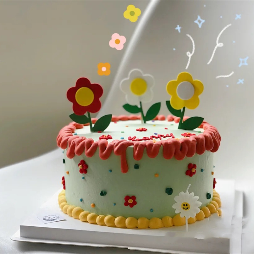 烘焙蛋糕装饰网红小红书同款韩国复古风彩色小花向日葵生日插牌