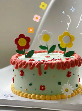 烘焙蛋糕装饰网红小红书同款韩国复古风彩色小花向日葵生日插牌