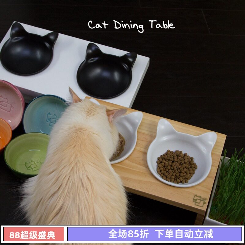 ViviPet实木碗架宠物食具 双碗架/陶瓷猫碗/猫水碗/猫草碗猫餐桌