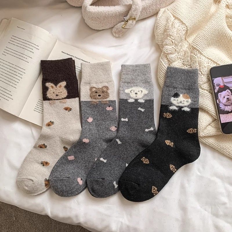秋冬季儿童袜子加厚磨毛保暖可爱卡通撞色男女童中筒袜中大童