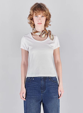 THEMO丨2025新款肩部分割修身圆领百搭基础款弹力短袖女白T恤夏