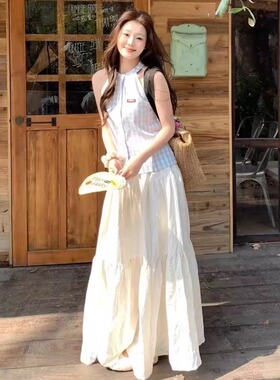 THEMO春夏 白色光感拖地裙蛋糕裙纯色长款半身裙女