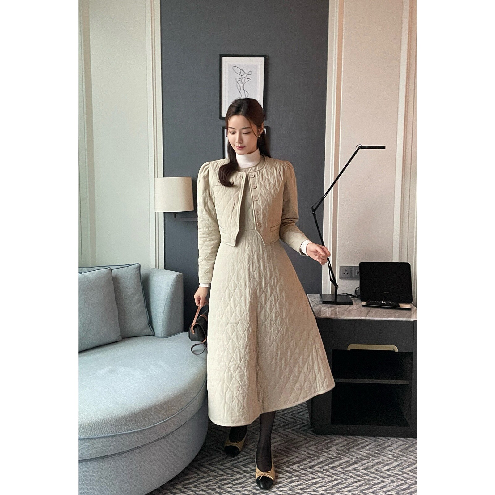 韩APM Place&Apmluxe菱形格棉服套装中长款连衣裙马甲+短款外套