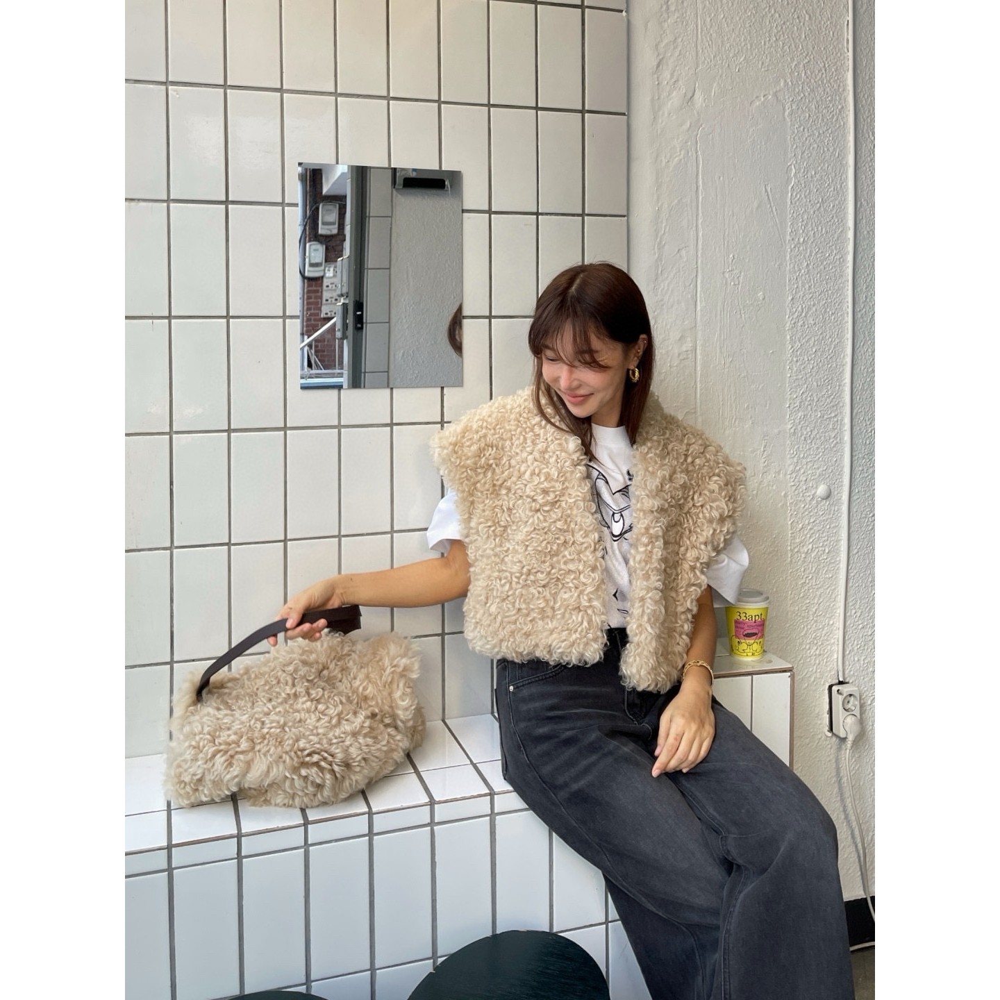 韩APM Place&Apmluxe配手提包纯色宽松无袖羊羔毛马甲外套女