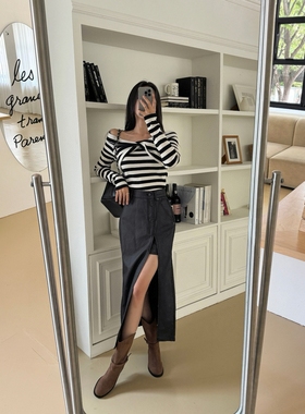 韩APM Place&Apmluxe黑色开叉半身裙高腰显瘦PU皮裙气质包臀裙