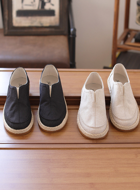 2025夏季休闲亚麻布鞋男士一脚蹬帆布鞋懒人鞋透气复古软底布鞋男