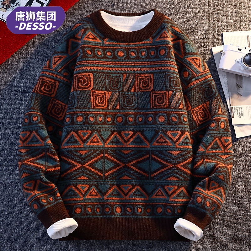 唐狮集团DESSO秋冬慵懒风圆领线衣民族风保暖加厚宽松潮套头毛衣
