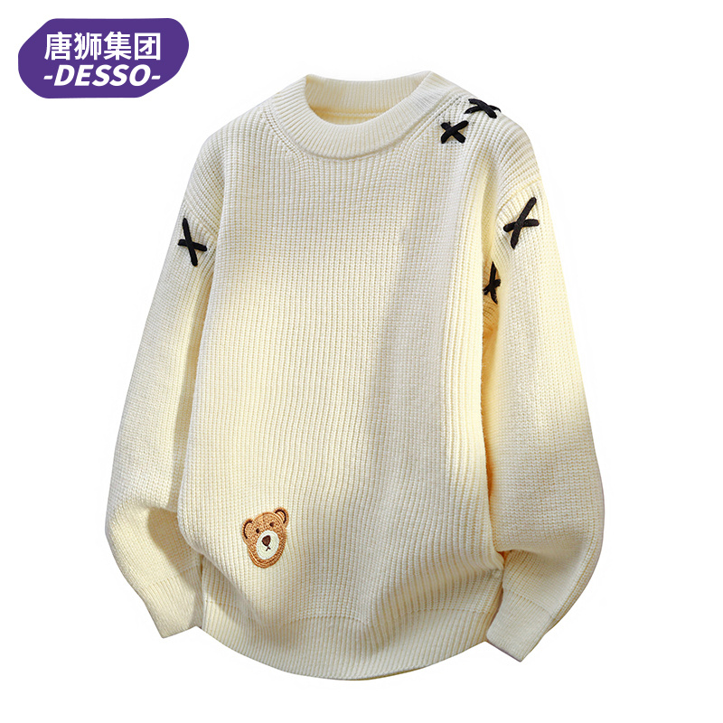 唐狮集团DESSO小熊刺绣毛衣男冬季圆领百搭针织衫慵懒风套头毛衫