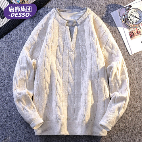 唐狮集团DESSO老钱风麻花毛衣男款秋冬季假两件针织衫V领内搭上衣