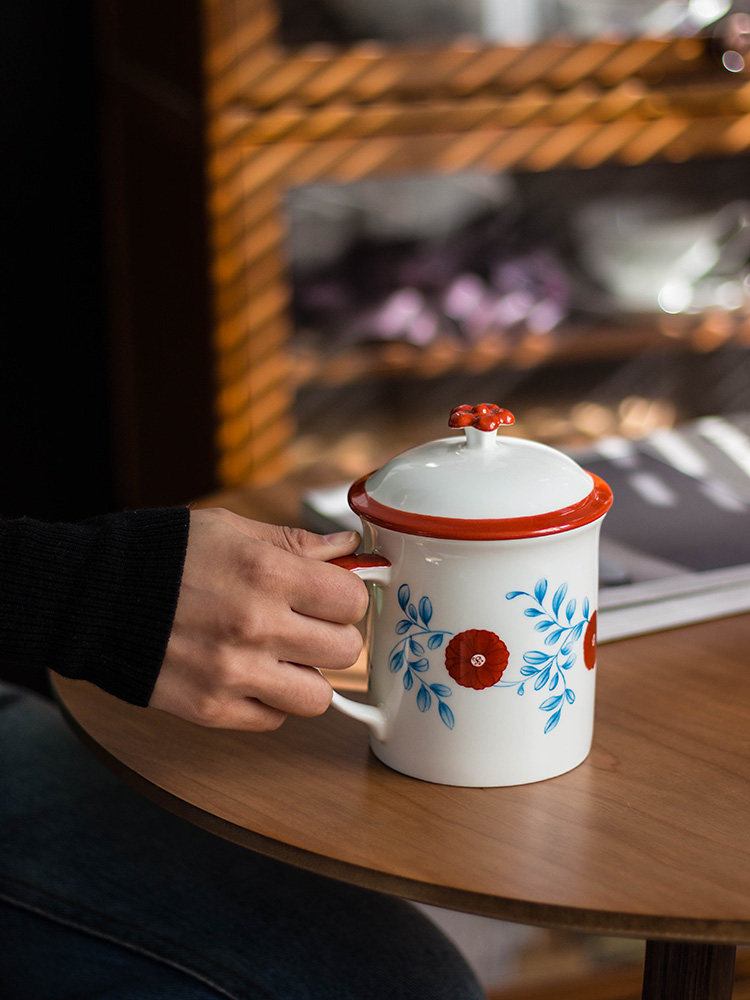 手绘|缠枝花 欧文&middot;琼斯 带盖马克杯陶瓷水杯大容量办公室骨瓷杯