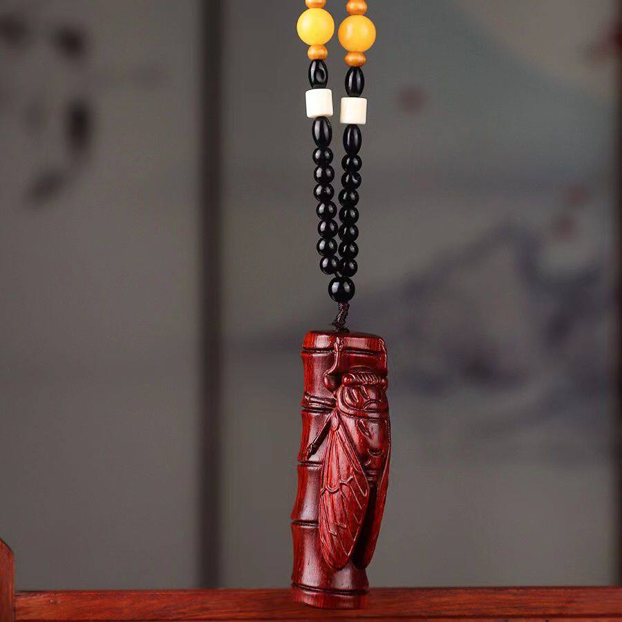 小叶紫檀木一鸣惊人木雕竹节蝉实木雕刻蜥蜴手把件吊坠文玩工艺品