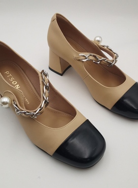 商场同款真皮女鞋春秋季新款粗跟中跟女鞋玛丽珍羊皮单鞋女 23703