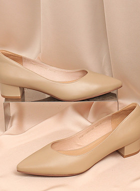 正品商场同款春秋新款粗跟工作鞋中跟羊皮尖头通勤女单鞋女 87111