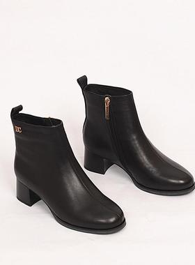 羊皮侧拉链短靴女粗跟新款圆头中跟秋冬瘦瘦靴软皮真皮踝靴 21818