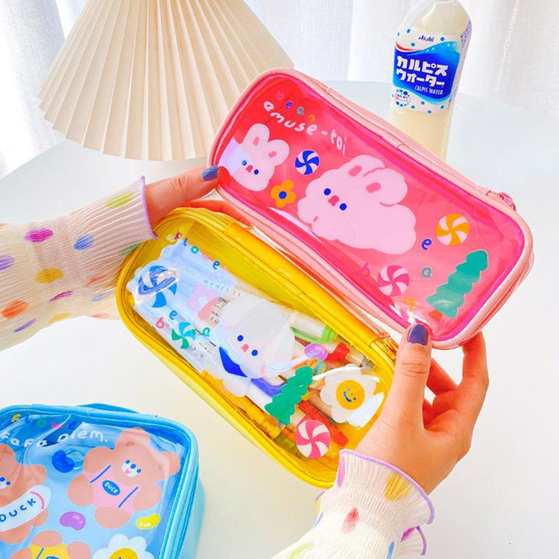 学生卡通小兔笔袋透明PVC粉色笔袋初中女可爱大容量ins拉链文具袋