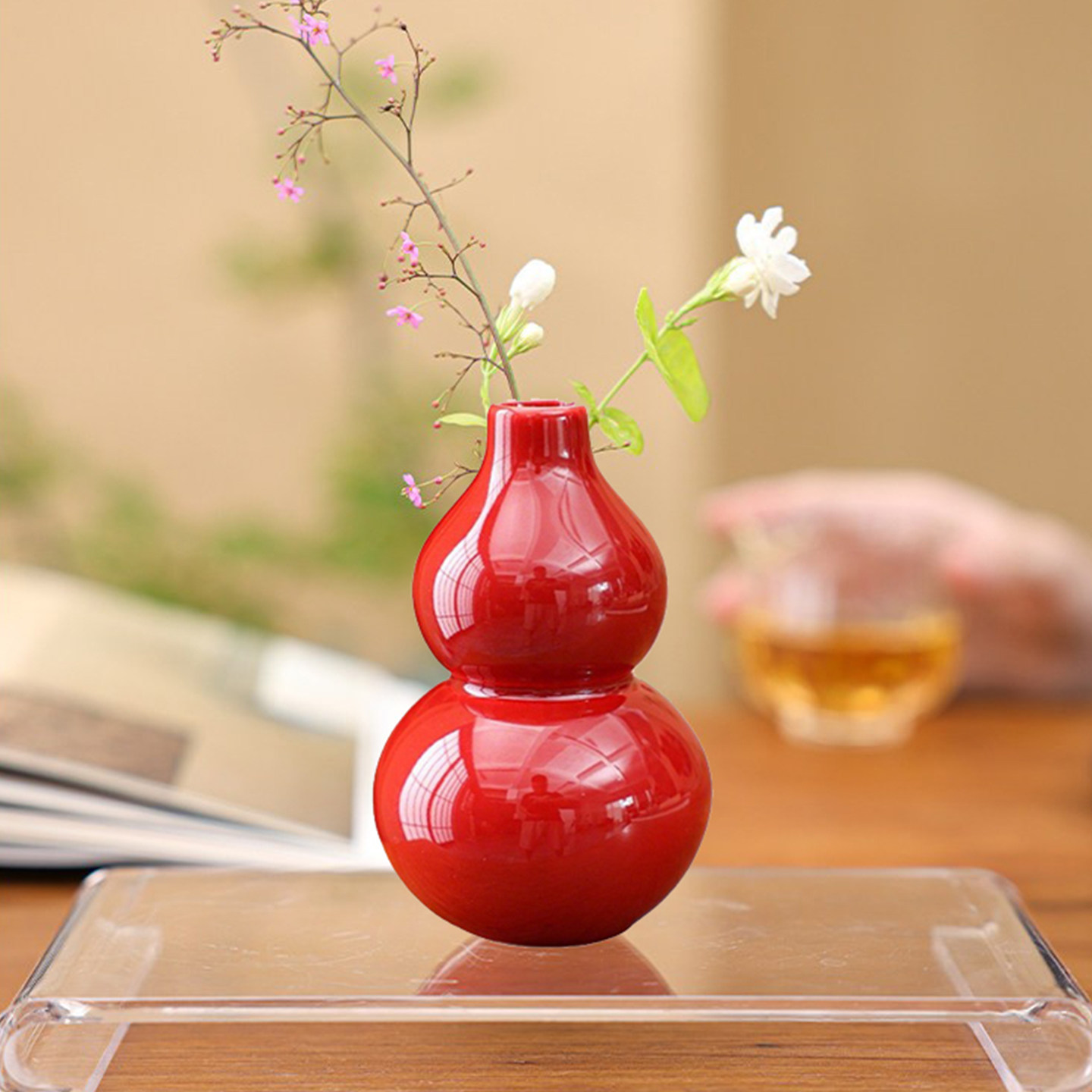 故宫红陶瓷葫芦花瓶招财福禄