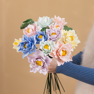 手工陶瓷花荷花DIY花束文创产品纪念品送礼桌面摆件仿真花永生花