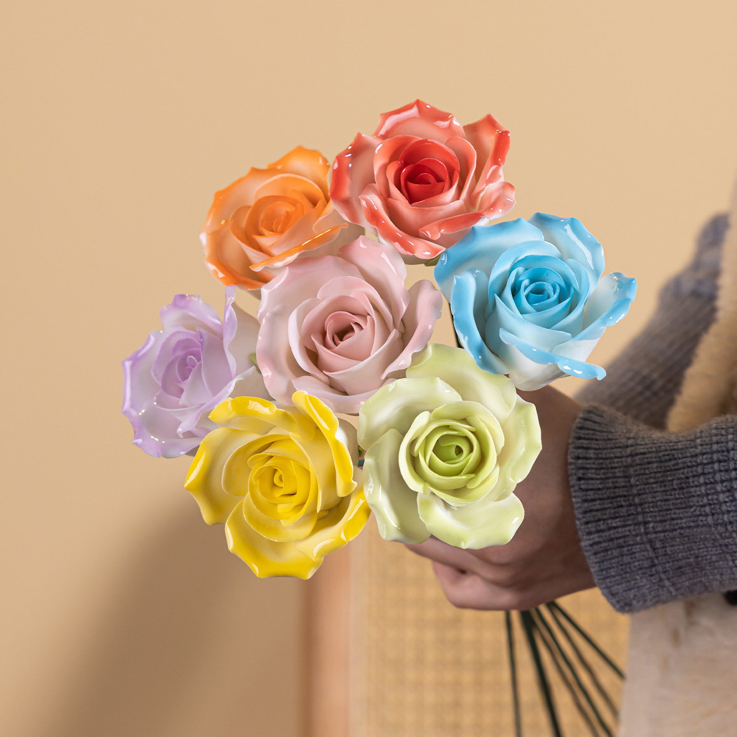 手工陶瓷花玫瑰花束情人节女神节仿真花永生花瓷创意礼物家居装饰