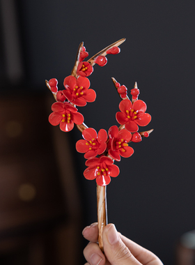 手工红色陶瓷花红梅花仿真花花朵摆件文创产品永生花工艺品装饰品