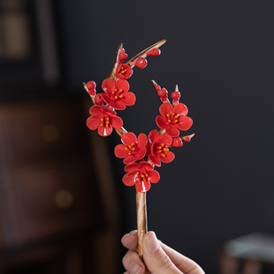 手工红色陶瓷花红梅花仿真花花朵摆件文创产品永生花工艺品装饰品