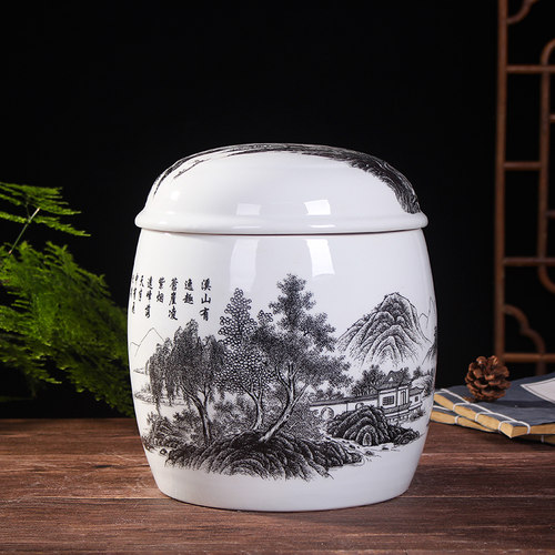 景德镇陶瓷器骨灰盒大号松鹤山水骨盅骨灰罐高档双层骨灰坛捡骨坛