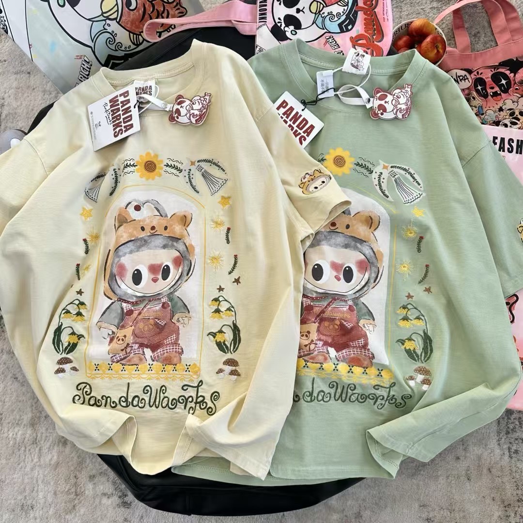 潮牌熊猫家Pandawarks减龄治愈系拉布布无感印花纯棉刺绣半袖T恤