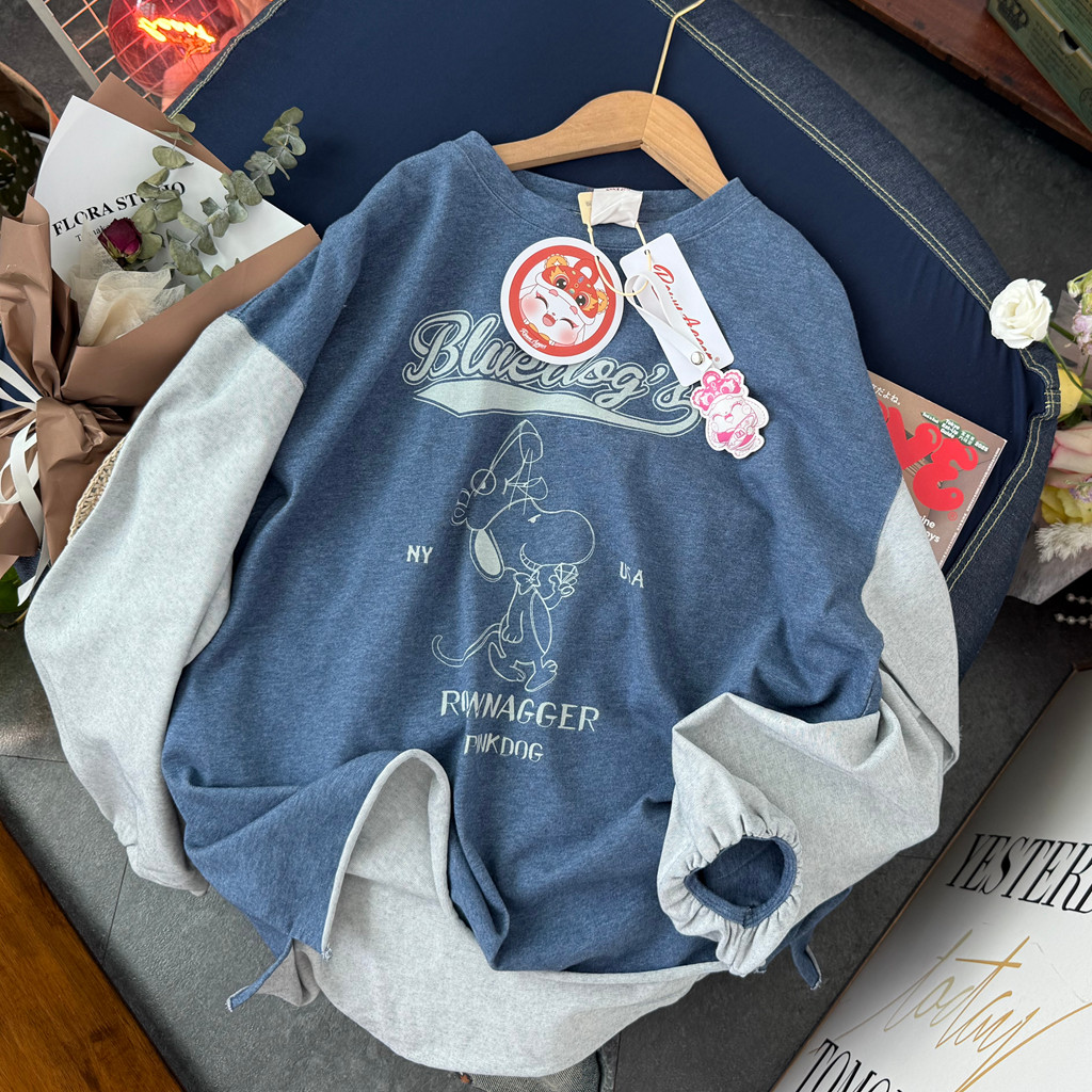 ROWNAGGER纸袋【牛仔风泡泡袖】220g撞色长袖卷毛边松弛大版卫衣