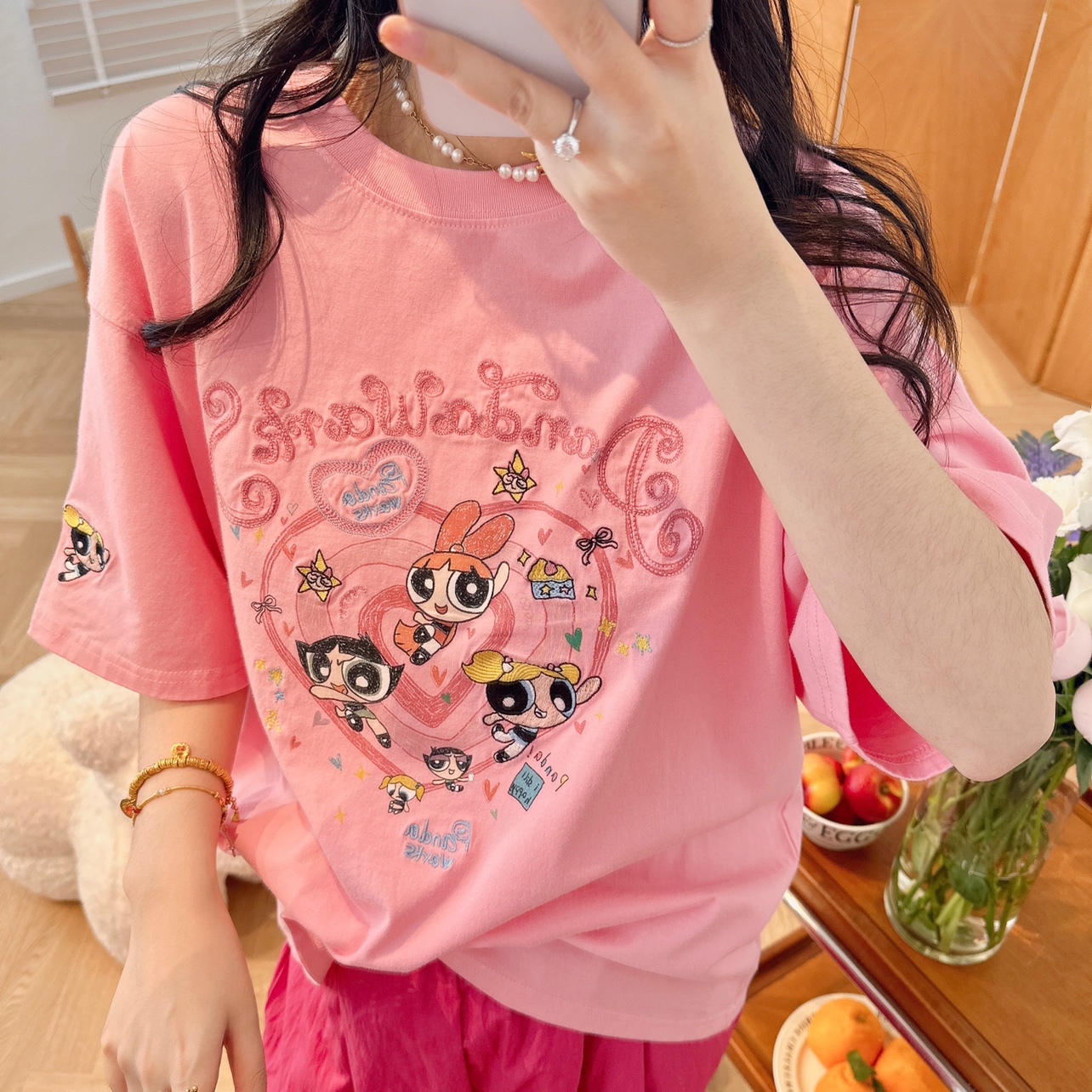 潮牌熊猫家Pandawarks「飞天小女警」 精致线条纯棉刺绣半袖T恤美