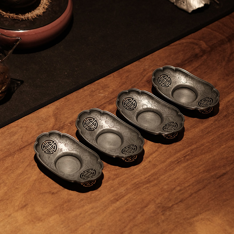 四闲堂半锡点铜开窗海棠杯托