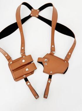 户外真皮背带战术1911枪套带弹匣包双肩腋下隐蔽战术牛皮手枪套