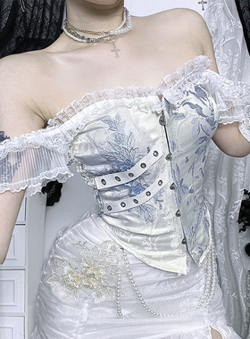 XS25197暗黑系一字肩撞色上束腰上衣 2025新款哥特风性感辣妹