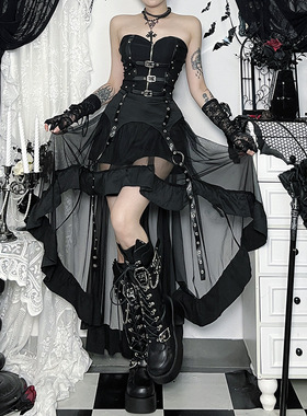 CF25210暗黑系不规则网纱半裙 2025新款哥特风性感街头百搭长裙