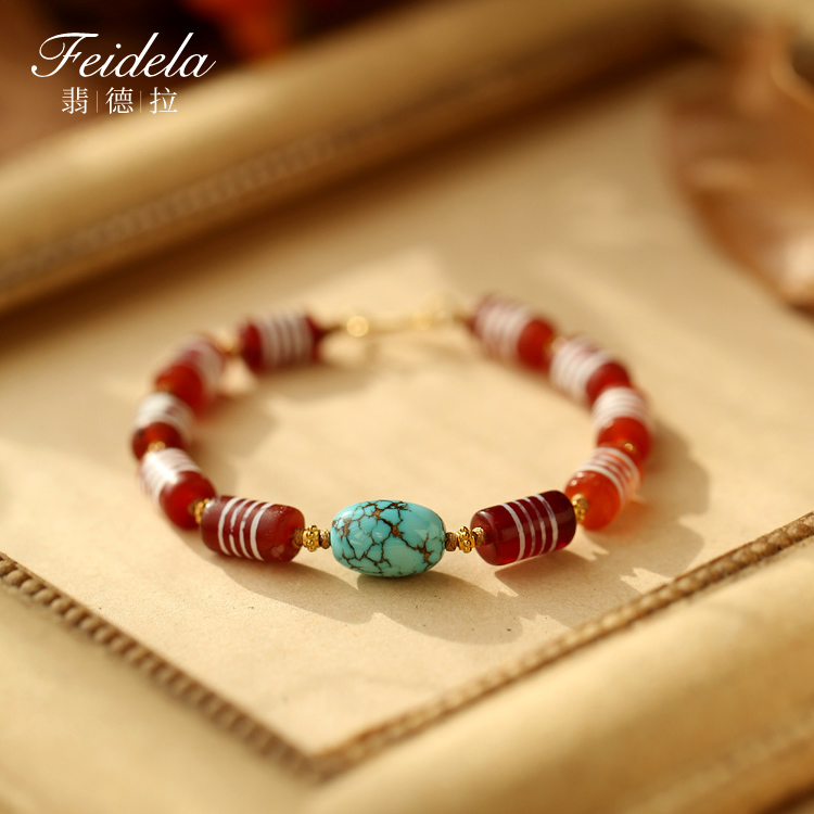 翡德拉骨盔级西亚红玛瑙线天珠配老金绿松石设计手链F1-302