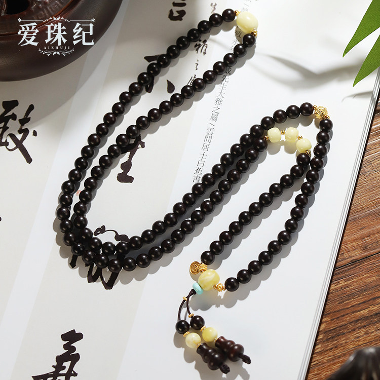 爱珠纪水晶设计  S925银蜜蜡款满金星老料小叶紫檀多圈手串F1-25