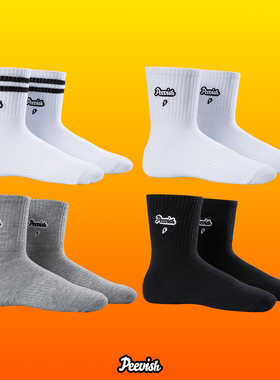 PEEVISH男女青年多色黑白灰情侣装刺绣潮牌中筒纯棉袜子