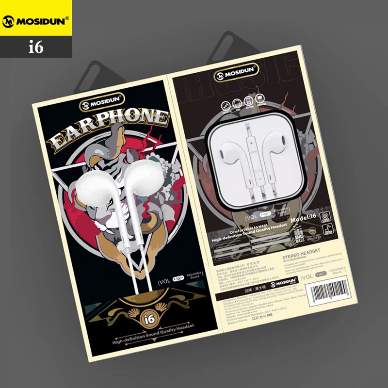 摩士顿 i6 重低音通用有线 斜平耳式运动K歌自拍调音侧唛盒装耳机