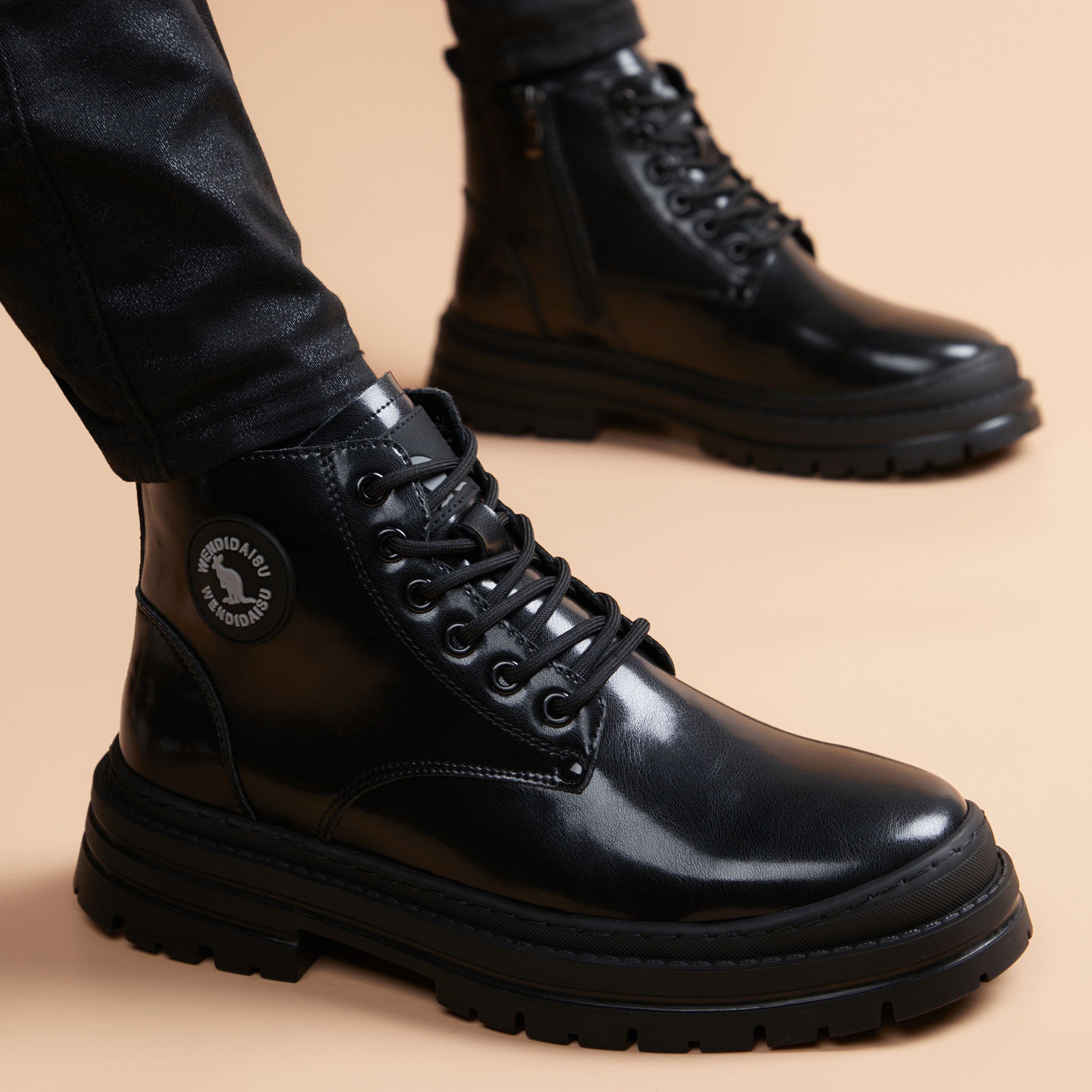 马丁靴男真皮低帮英伦风冬季加绒工装短靴增高黑色痞帅高级感靴子