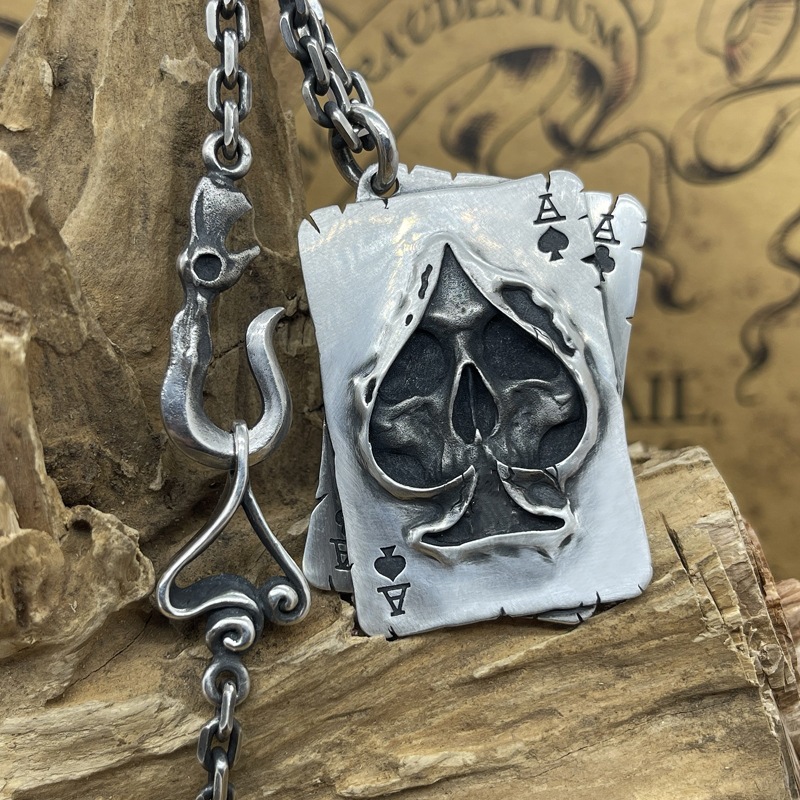 欧美原创设计复古泰银饰黑桃扑克牌骷髅吊坠潮男个性百搭项链